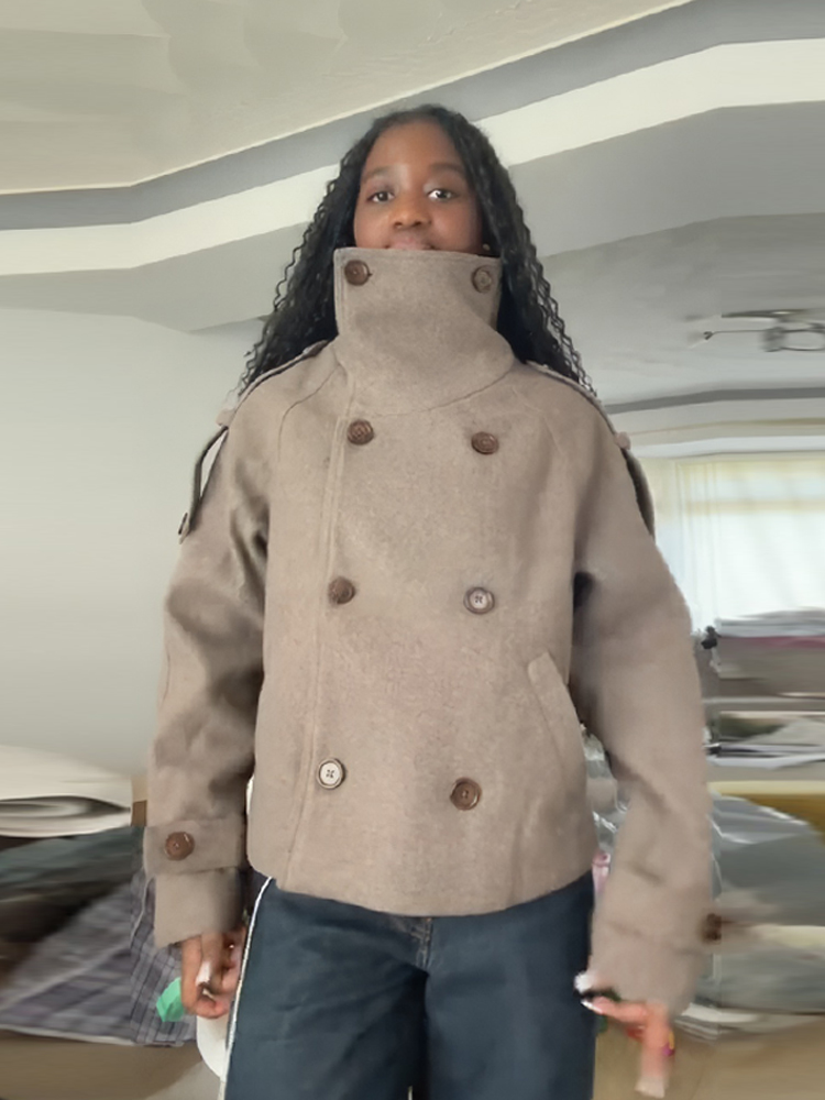 Wool Coat Peacoat - 스탠드 칼라 짧은 갈색 여성 재킷
