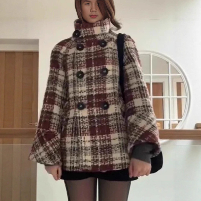 Wool Coat Peacoat - 따뜻한 체크무늬 터틀넥 숄더 스트레이트 코트