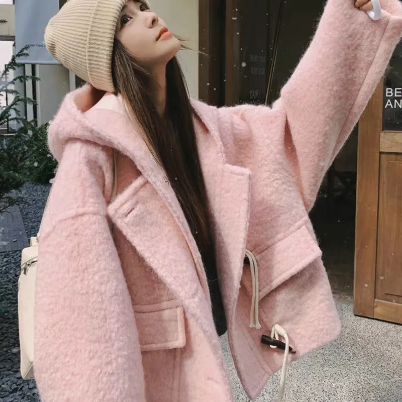 핑크 후드 크롭 울 코트 여성 캐주얼 시크 혼 버튼 스 - Wool Coat Peacoat 리뷰 및 가격