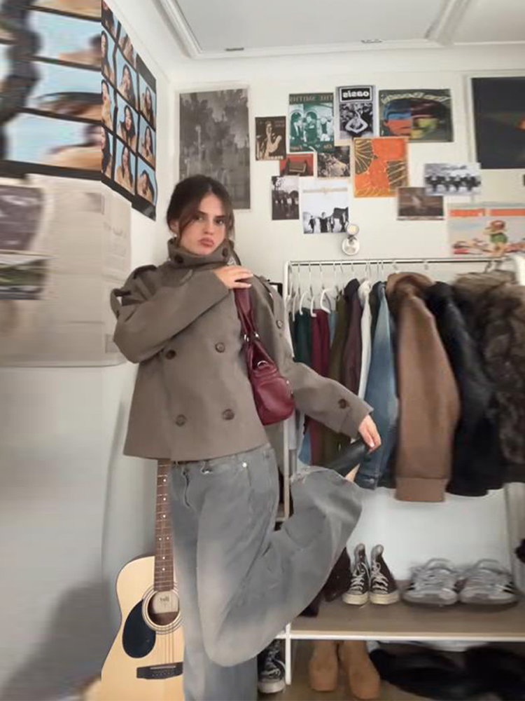 스탠드 칼라 짧은 갈색 여성 재킷 캐주얼 더블 브레스티 - Wool Coat Peacoat 리뷰 및 가격
