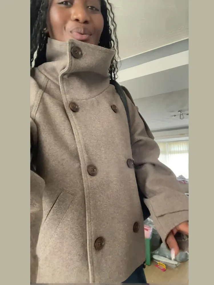 스탠드 칼라 짧은 갈색 여성 재킷 캐주얼 더블 브레스티 - Wool Coat Peacoat 리뷰 및 가격