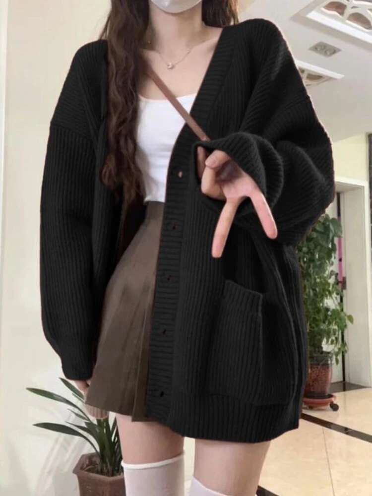 루즈 카디건 여성 긴 소매 v 넥 니트 블랙 Slouc - Wool Coat Peacoat 리뷰 및 가격